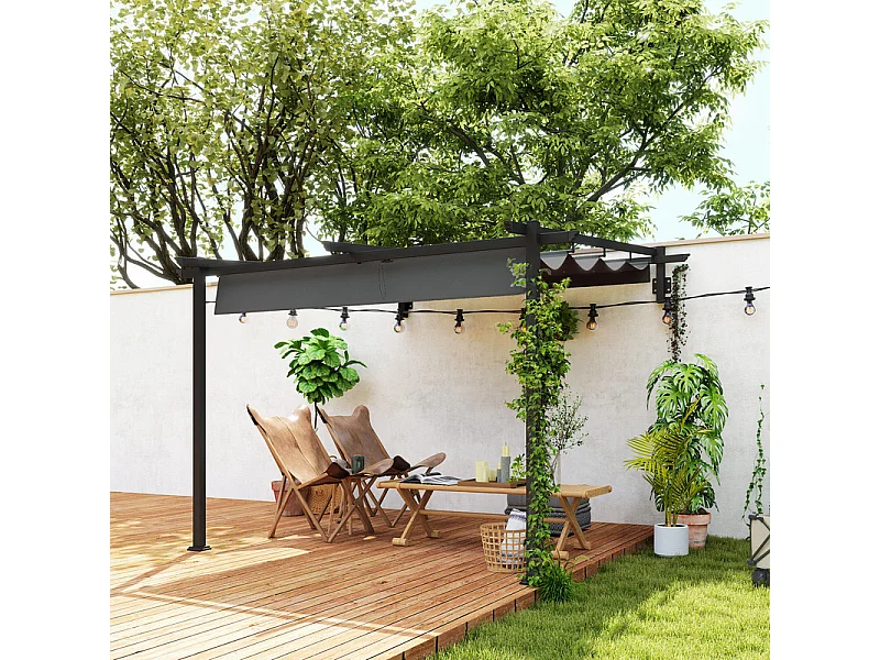 Pergola murale 297 x 297 x 200/230H cm, avec toile coulissante rétractable, structure aluminium, Gris
