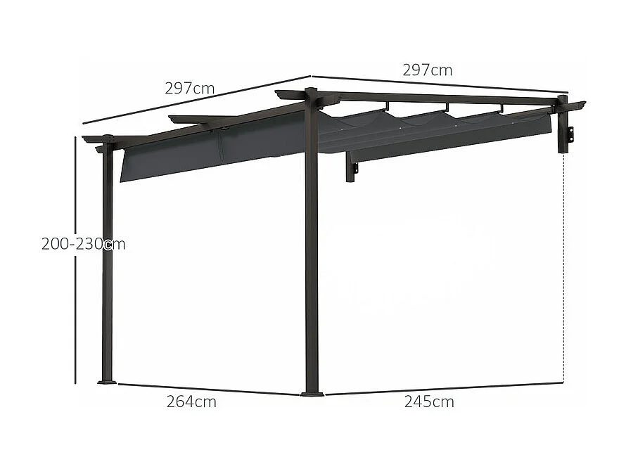 Pergola murale 297 x 297 x 200/230H cm, avec toile coulissante rétractable, structure aluminium, Gris