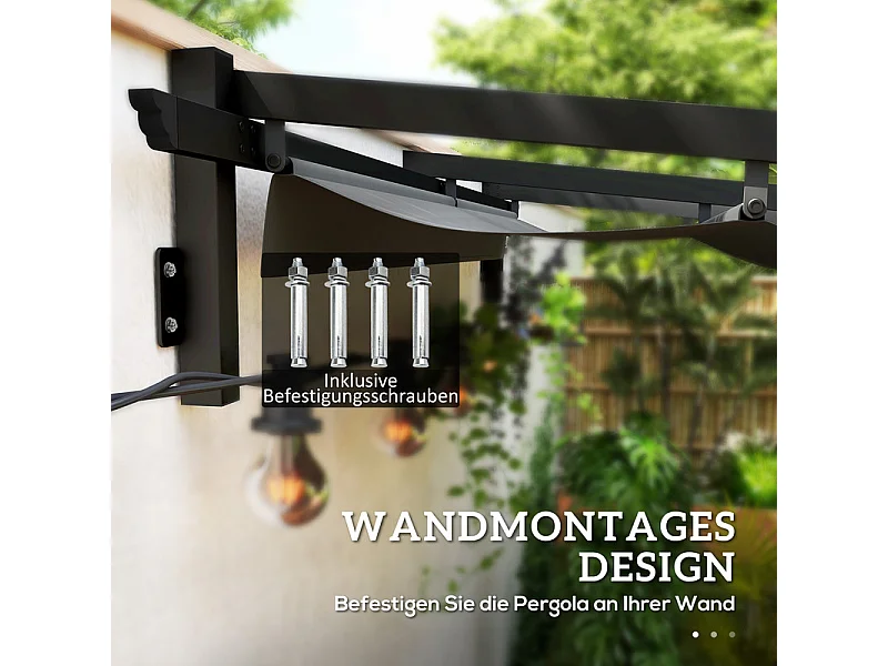 Pergola murale 297 x 297 x 200/230H cm, avec toile coulissante rétractable, structure aluminium, Gris