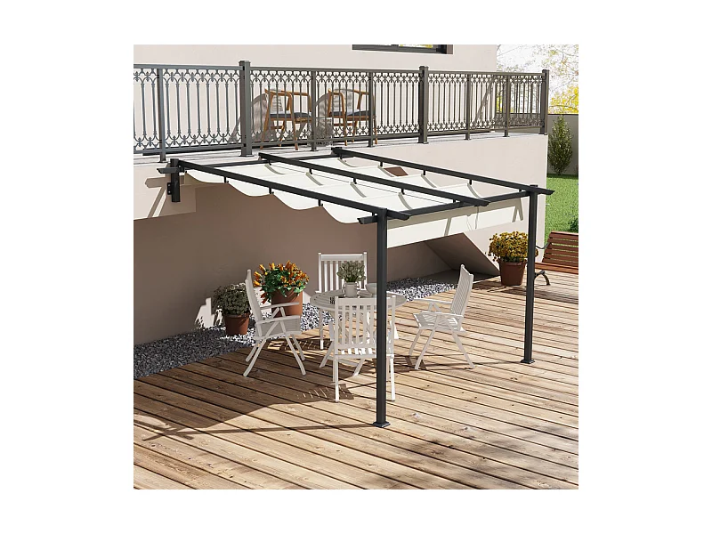 Pergola murale en aluminium - 297L x 297B x 200/230H cm - avec toit retractable - structure aluminium - Blanc cassé