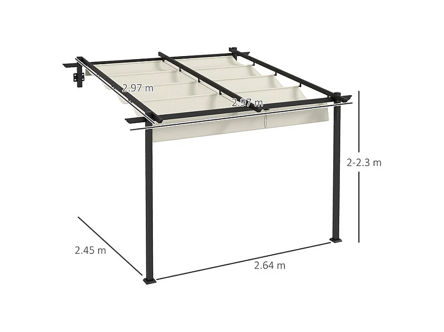 Pergola murale en aluminium - 297L x 297B x 200/230H cm - avec toit retractable - structure aluminium - Blanc cassé