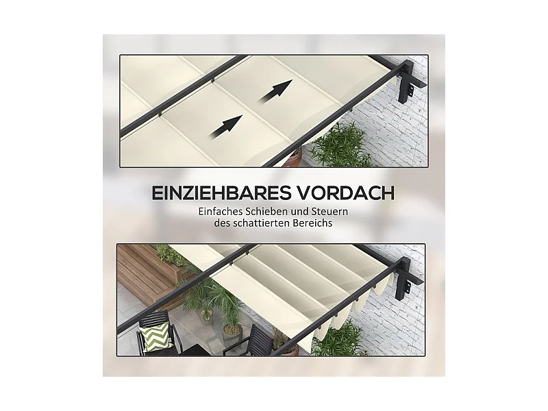 Pergola murale en aluminium - 297L x 297B x 200/230H cm - avec toit retractable - structure aluminium - Blanc cassé