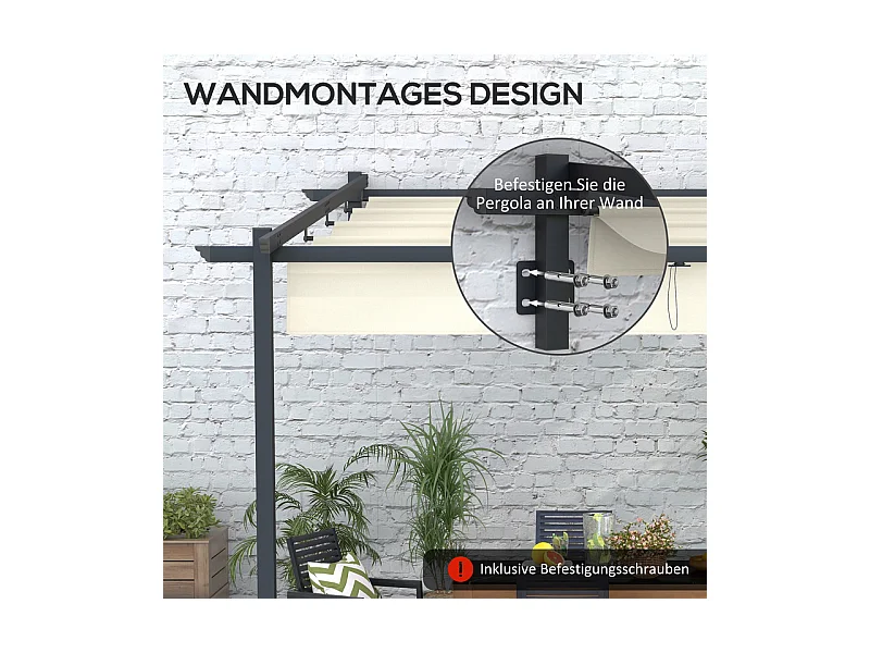 Pergola murale en aluminium - 297L x 297B x 200/230H cm - avec toit retractable - structure aluminium - Blanc cassé