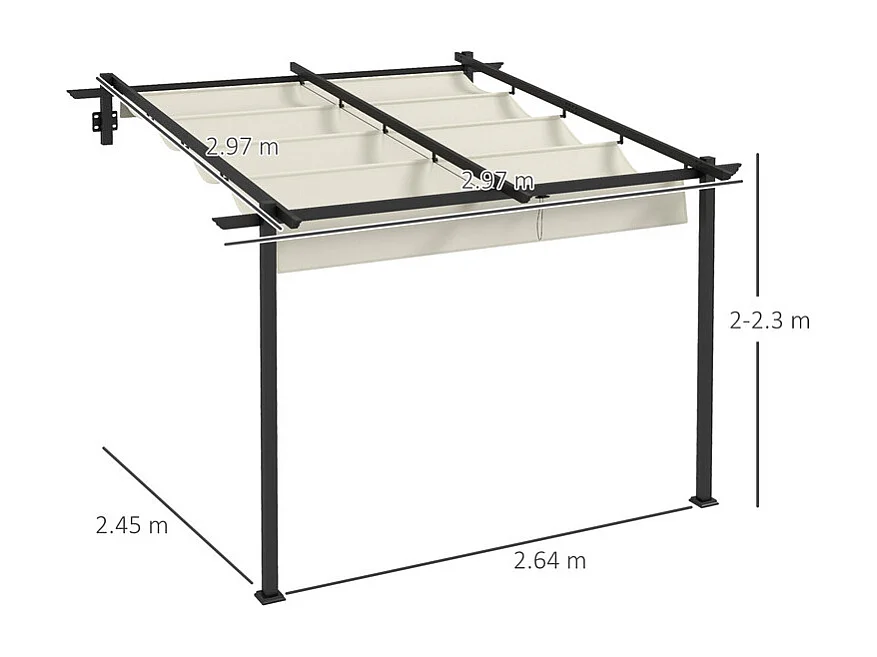 Pergola murale en aluminium - 297L x 297B x 200/230H cm - avec toit retractable - structure aluminium - Blanc cassé