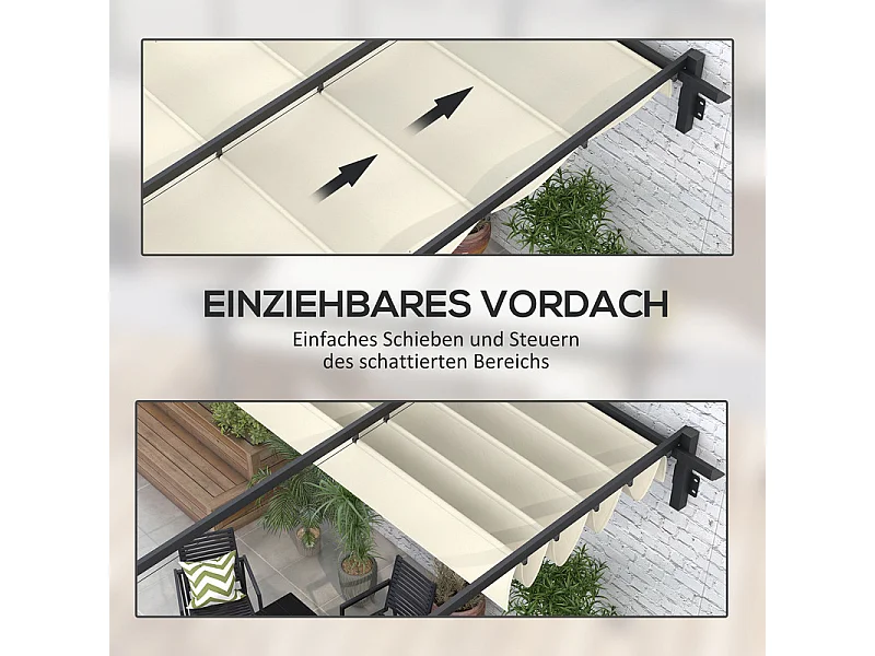 Pergola murale en aluminium - 297L x 297B x 200/230H cm - avec toit retractable - structure aluminium - Blanc cassé