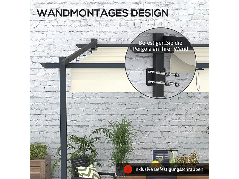 Pergola murale en aluminium - 297L x 297B x 200/230H cm - avec toit retractable - structure aluminium - Blanc cassé
