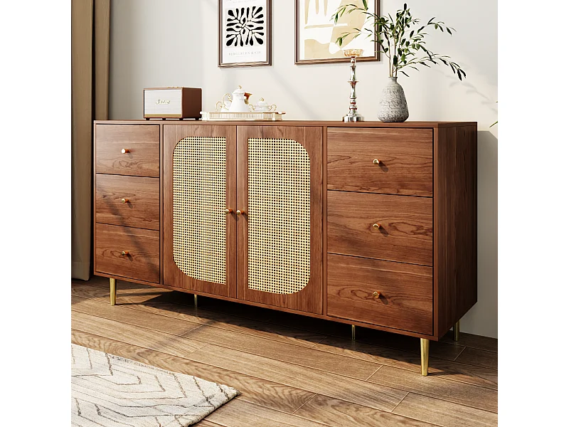 Credenza 160x40x90cm con 2 ante in rattan e 6 cassetti, corpo impiallacciato effetto legno marrone, maniglie e piedini in metallo dorato