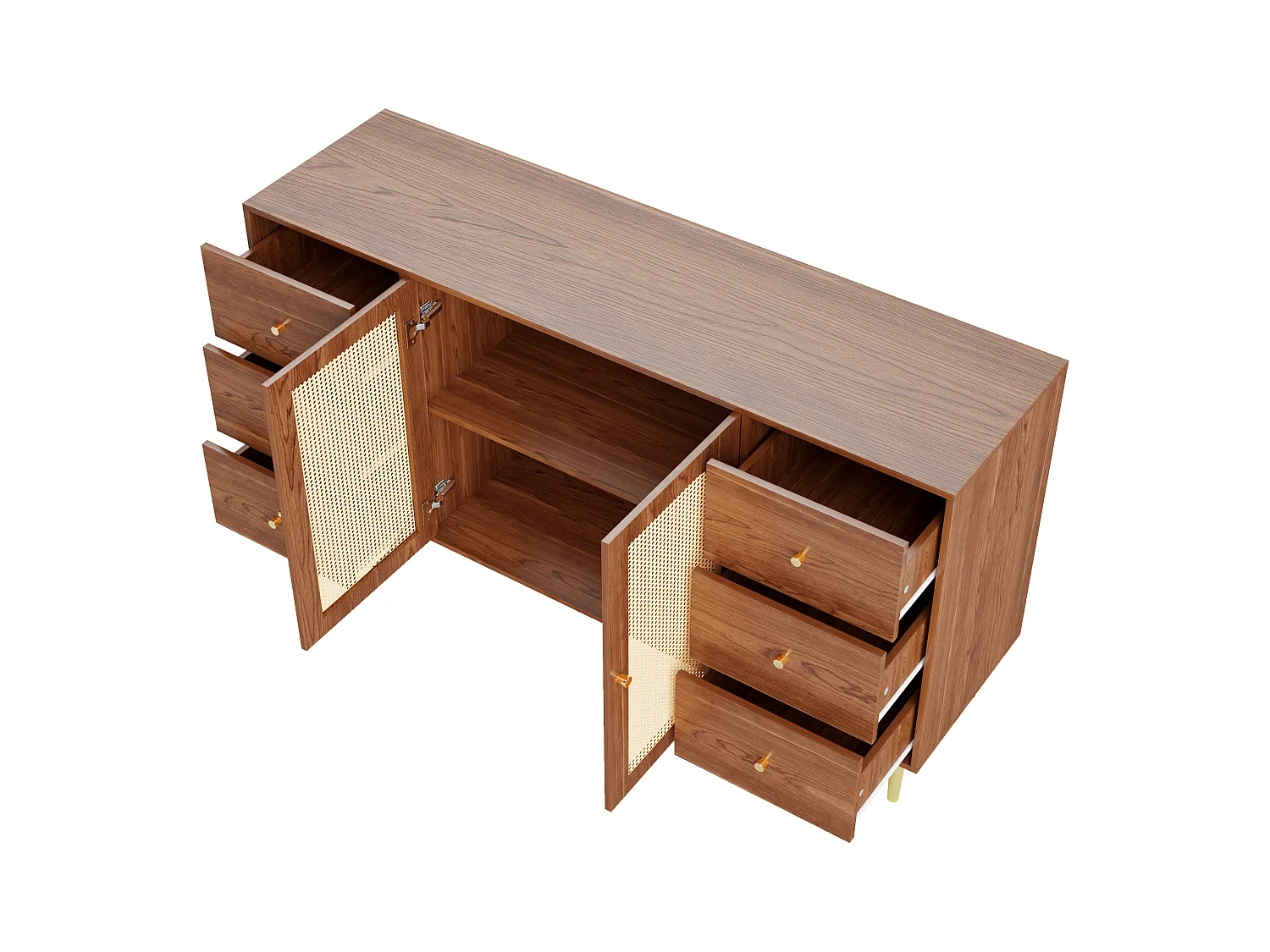 Buffet 160x40x90cm avec 2 portes en rotin et 6 tiroirs, corps en placage woodgrain marron, poignées et pieds en métal doré