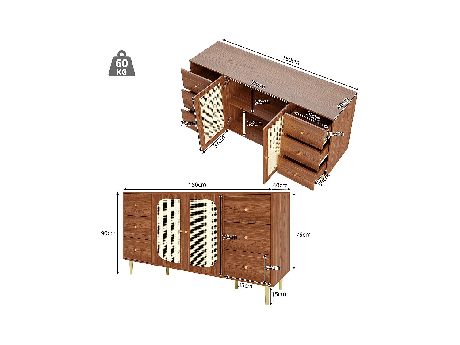 Buffet 160x40x90cm avec 2 portes en rotin et 6 tiroirs, corps en placage woodgrain marron, poignées et pieds en métal doré