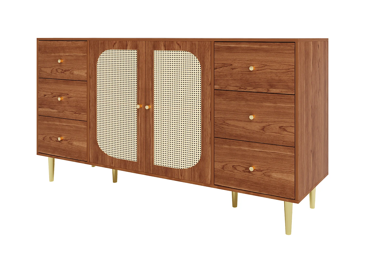 Buffet 160x40x90cm avec 2 portes en rotin et 6 tiroirs, corps en placage woodgrain marron, poignées et pieds en métal doré