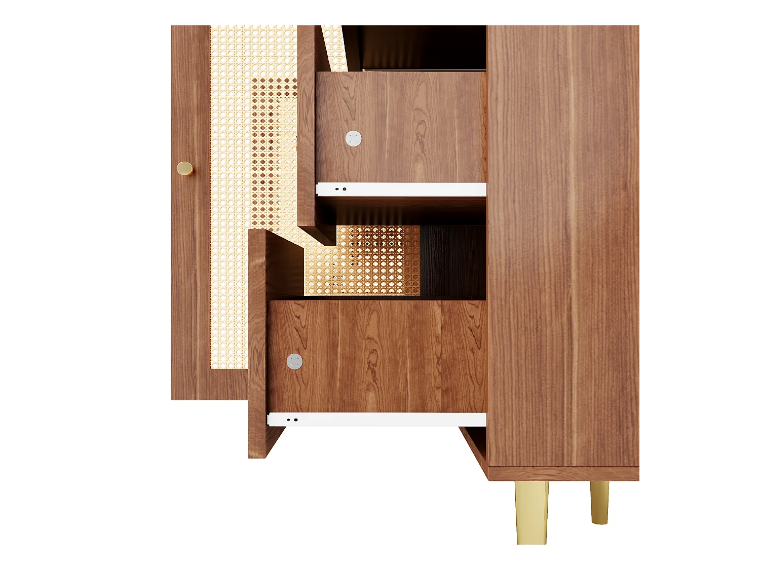 Buffet 160x40x90cm avec 2 portes en rotin et 6 tiroirs, corps en placage woodgrain marron, poignées et pieds en métal doré