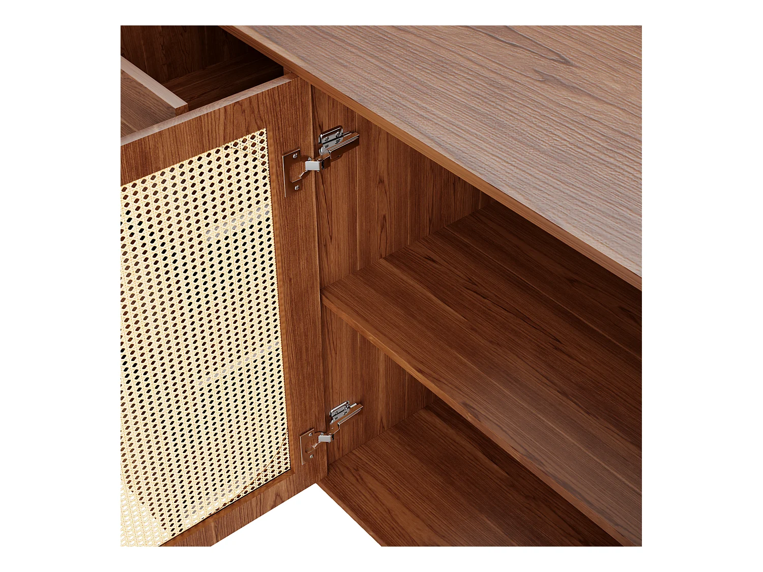 Buffet 160x40x90cm avec 2 portes en rotin et 6 tiroirs, corps en placage woodgrain marron, poignées et pieds en métal doré