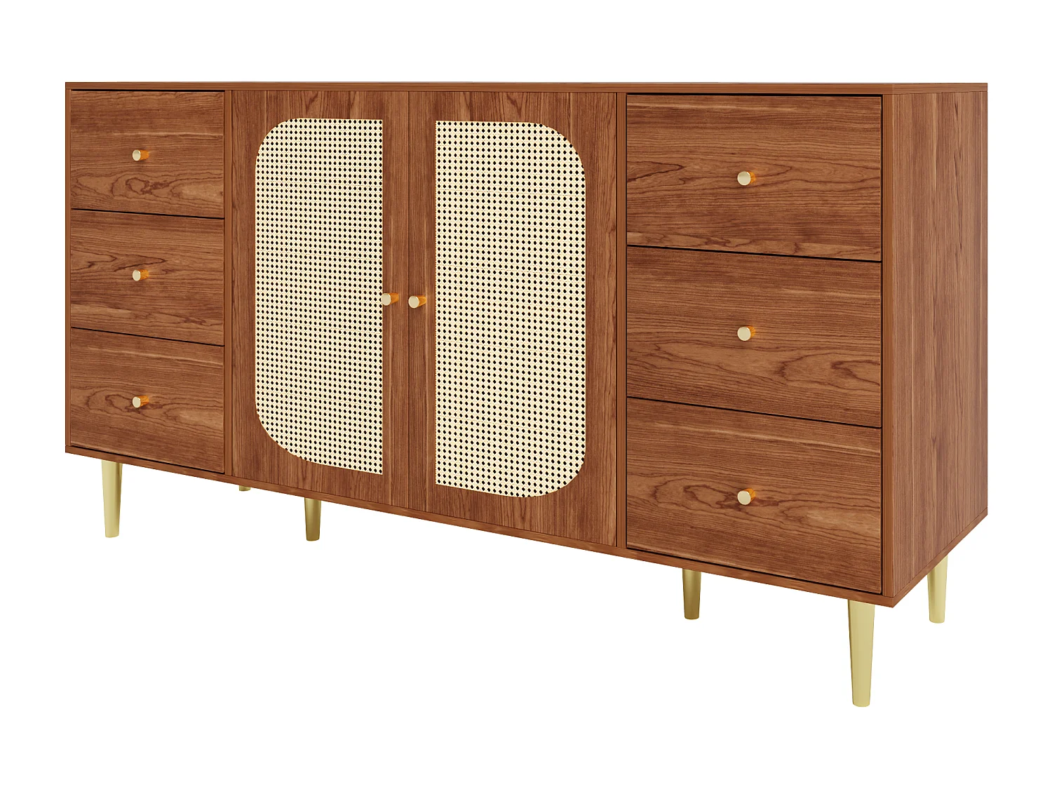 Dressoir van 160x40x90cm met 2 rotandeuren en 6 lades, kast van bruin houtfineer, handgrepen en poten van goudkleurig metaal