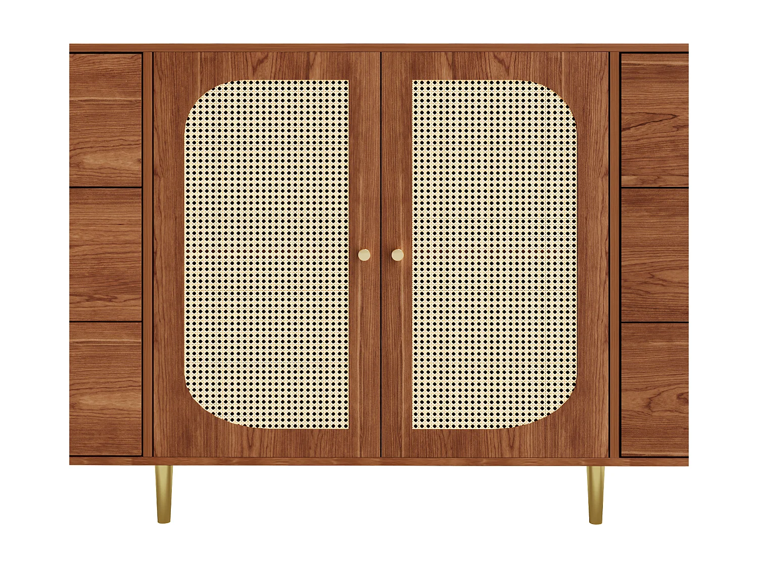 Dressoir van 160x40x90cm met 2 rotandeuren en 6 lades, kast van bruin houtfineer, handgrepen en poten van goudkleurig metaal