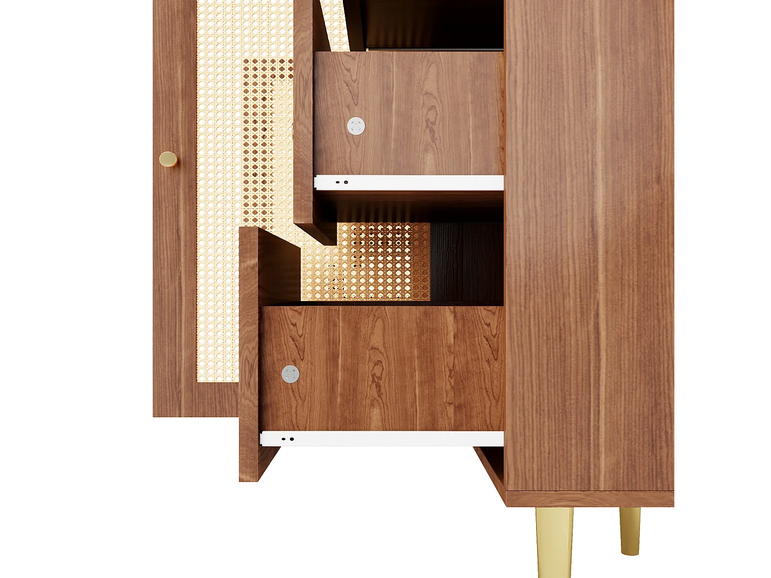 Dressoir van 160x40x90cm met 2 rotandeuren en 6 lades, kast van bruin houtfineer, handgrepen en poten van goudkleurig metaal