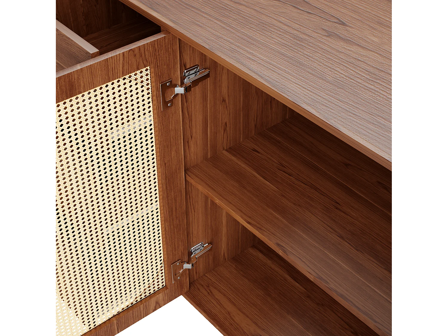 Dressoir van 160x40x90cm met 2 rotandeuren en 6 lades, kast van bruin houtfineer, handgrepen en poten van goudkleurig metaal