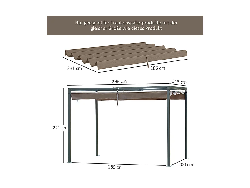 Vervangdak voor pergola 2.85 x 2m, reservezeil, UV30 + bescherming, met 8 regenwaterafvoergaten - Bruin