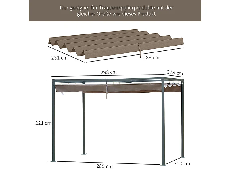 Toit de remplacement pour 2.85 x 2m Pergola, Toile de rechange, UV30 + Protection, avec 8 trous de drain de pluie - Marron