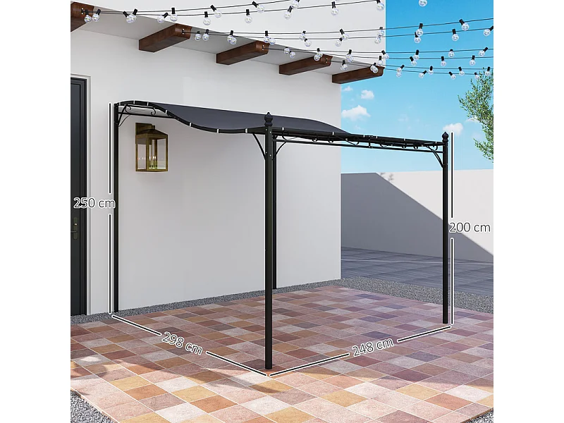Pergola murale avec 16 trous de drainage et toile polyester haute densité 180 g/m² - 248x298x200/250Hcm
