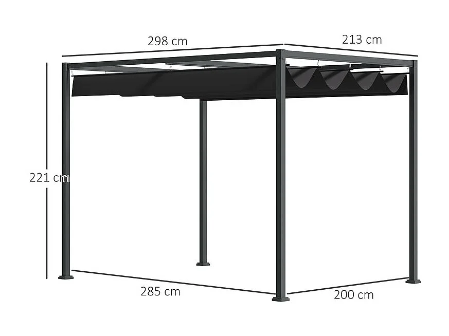 Pergola autoportante in acciaio inossidabile, con tetto in poliestere scorrevole, 298 x 213 x 221 cm, Nero