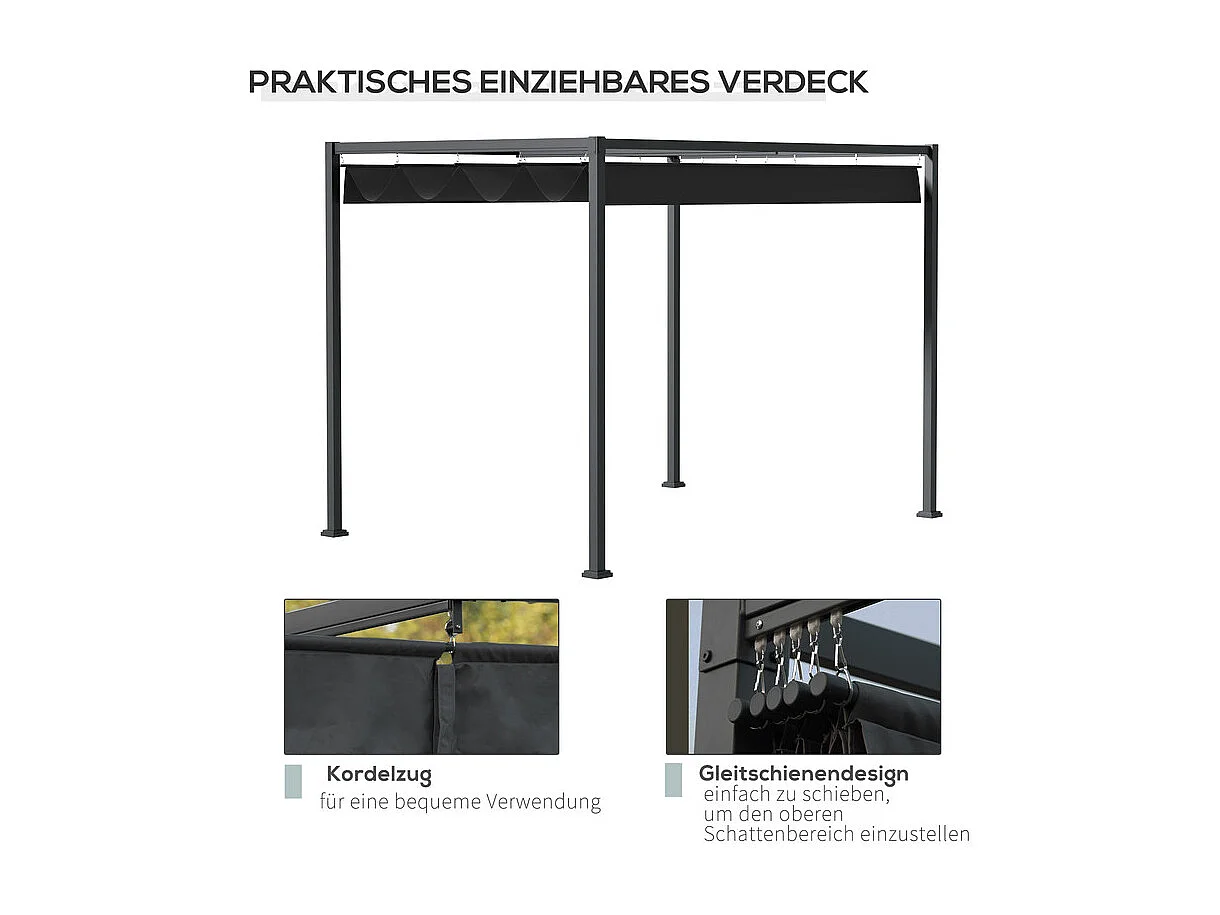 Pergola autoportante in acciaio inossidabile, con tetto in poliestere scorrevole, 298 x 213 x 221 cm, Nero