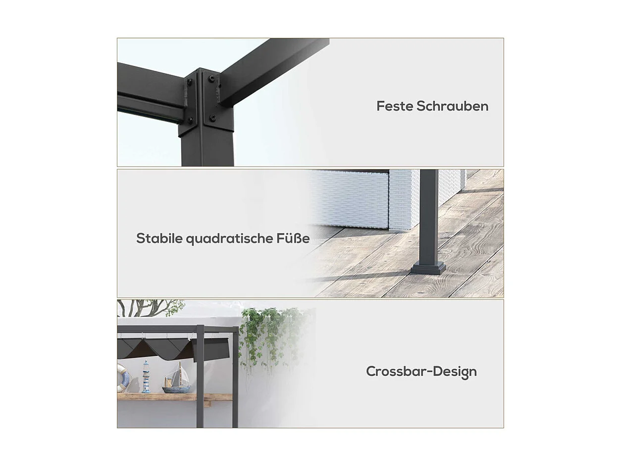 Pergola autoportante in acciaio inossidabile, con tetto in poliestere scorrevole, 298 x 213 x 221 cm, Nero