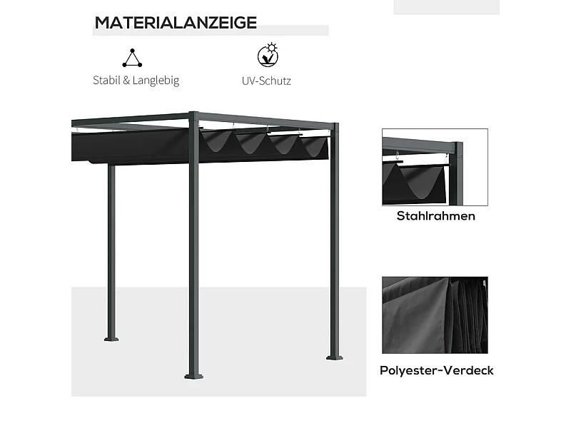 Pergola autoportante in acciaio inossidabile, con tetto in poliestere scorrevole, 298 x 213 x 221 cm, Nero