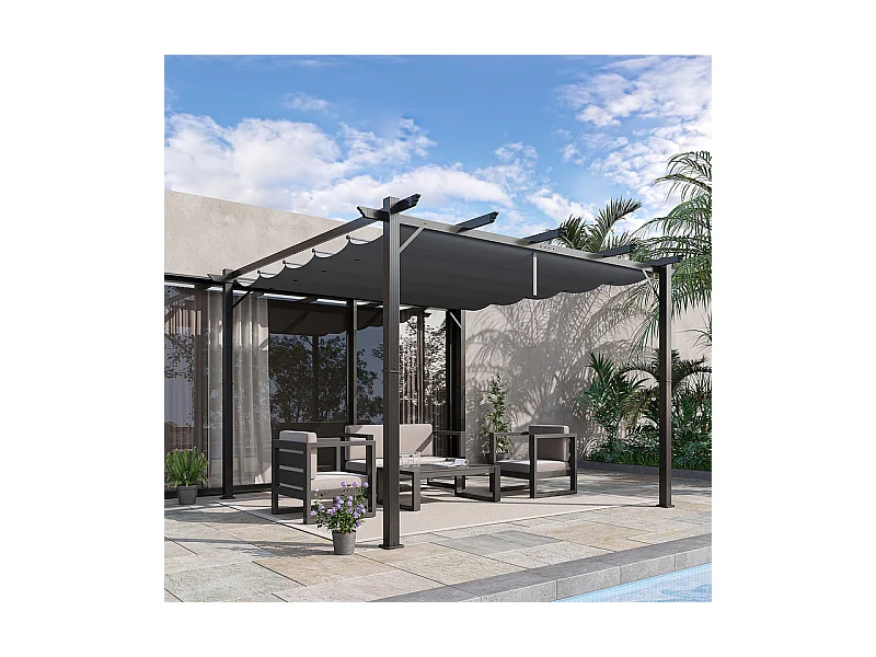 Ausziehbare Pergola 3 x 3 x 2.23 m - Aluminiumstruktur - Hochdichte Polyesterplane - Grau