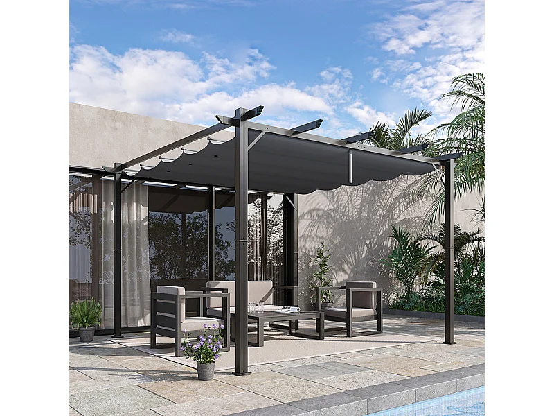 Pergola rétractable 3 x 3 x 2.23 m - structure aluminium - toile polyester haute densité - Gris