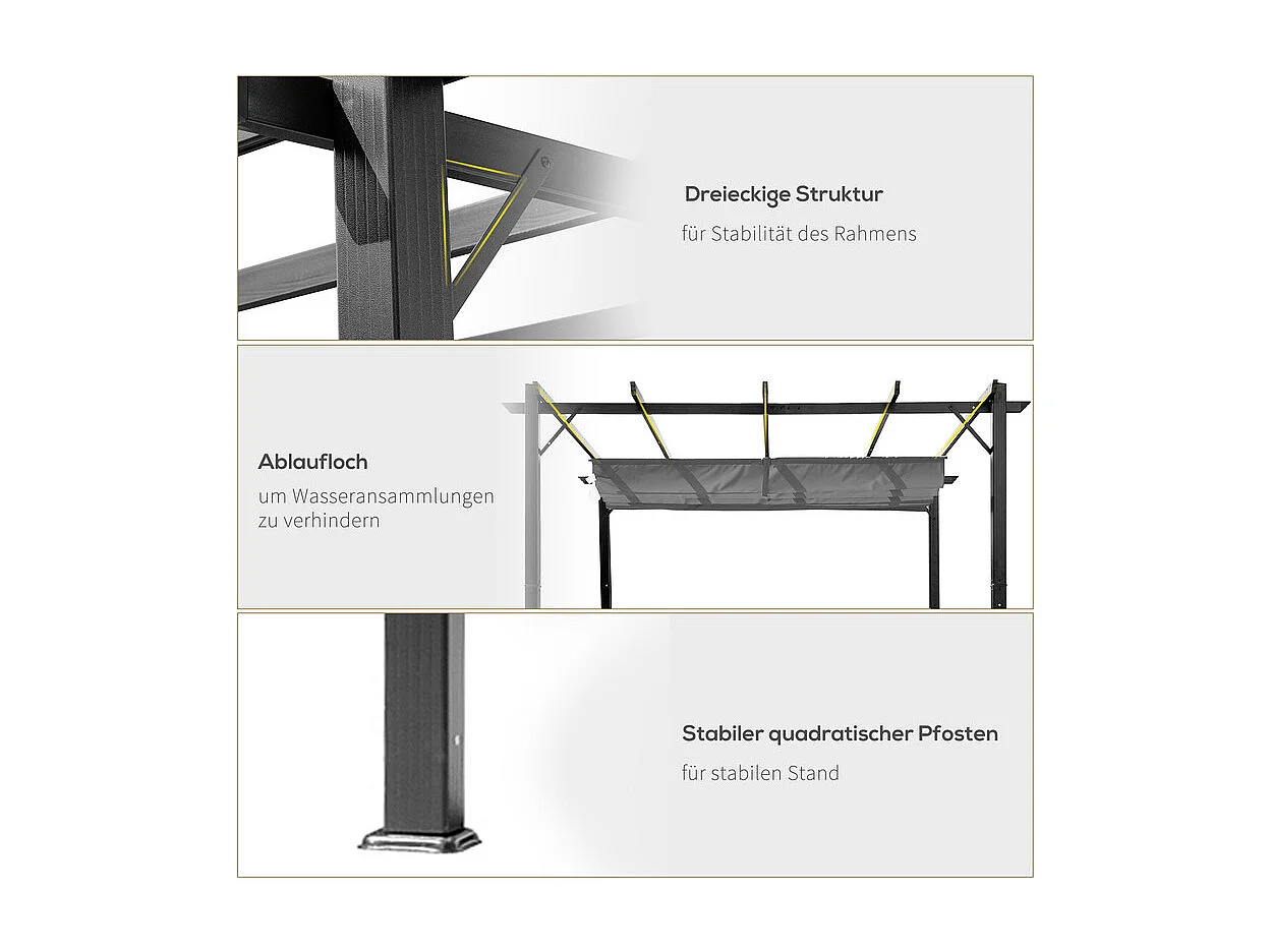 Pergola rétractable 3 x 3 x 2.23 m - structure aluminium - toile polyester haute densité - Gris
