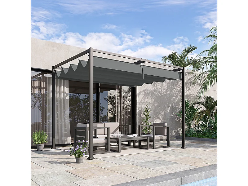 Zelfdragende pergola van metaal 298 x 213 x 221 cm, met openend dak - schuifbaar zeil - Grijs