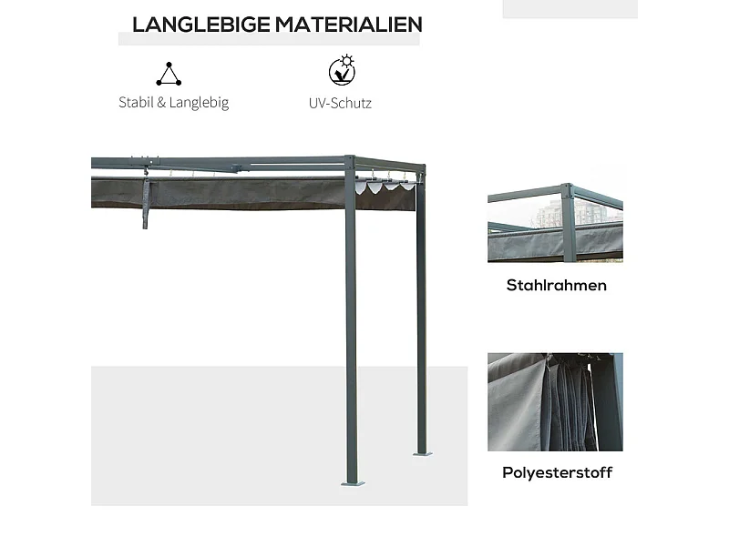 Zelfdragende pergola van metaal 298 x 213 x 221 cm, met openend dak - schuifbaar zeil - Grijs