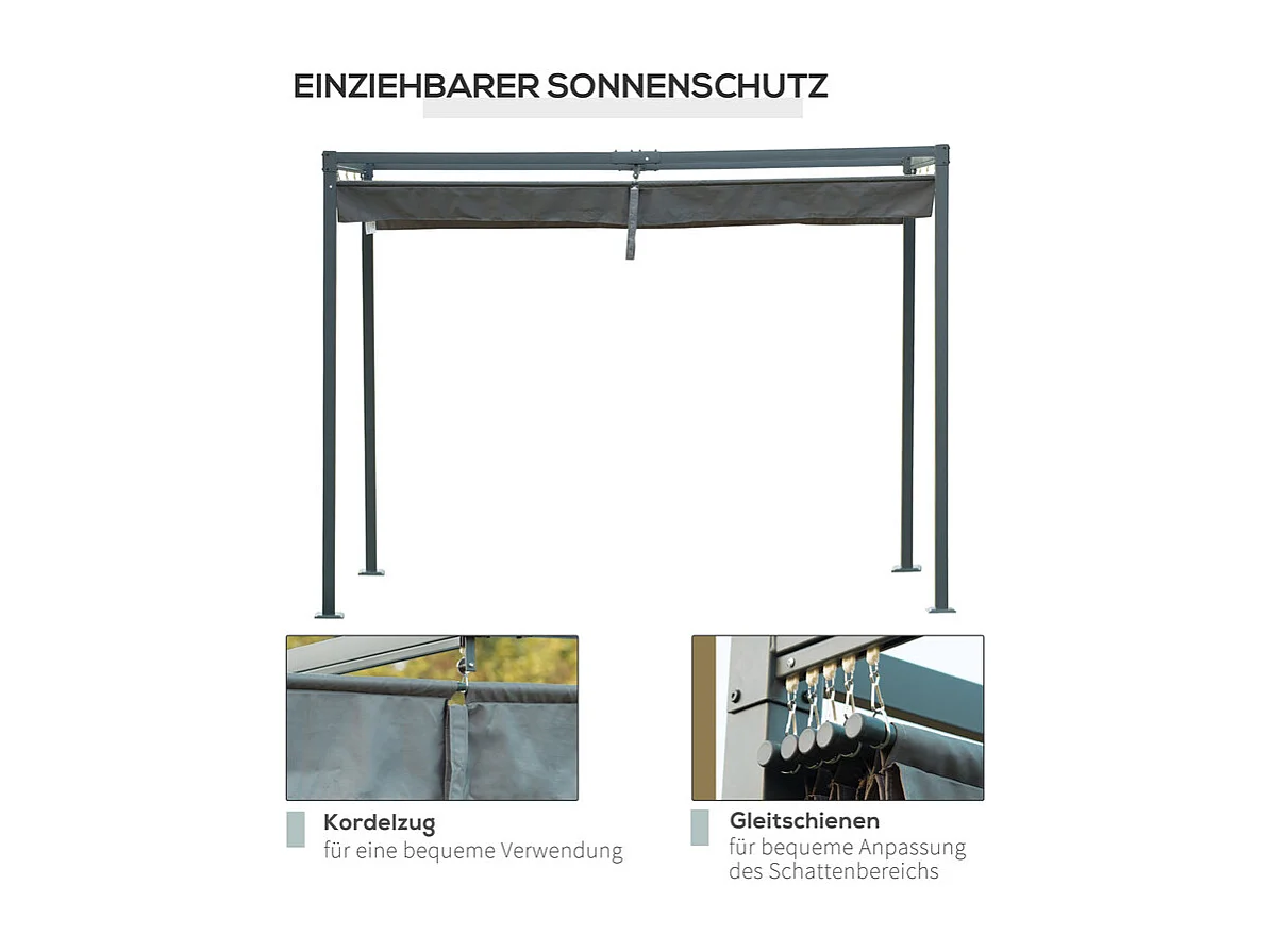 Zelfdragende pergola van metaal 298 x 213 x 221 cm, met openend dak - schuifbaar zeil - Grijs