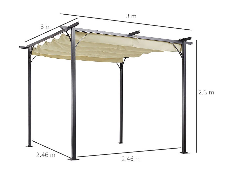 Pergola en Acier inoxydable 3 x 3 x 2.3 m, avec toit ouvrant, toile coulissante rétractable, Beige