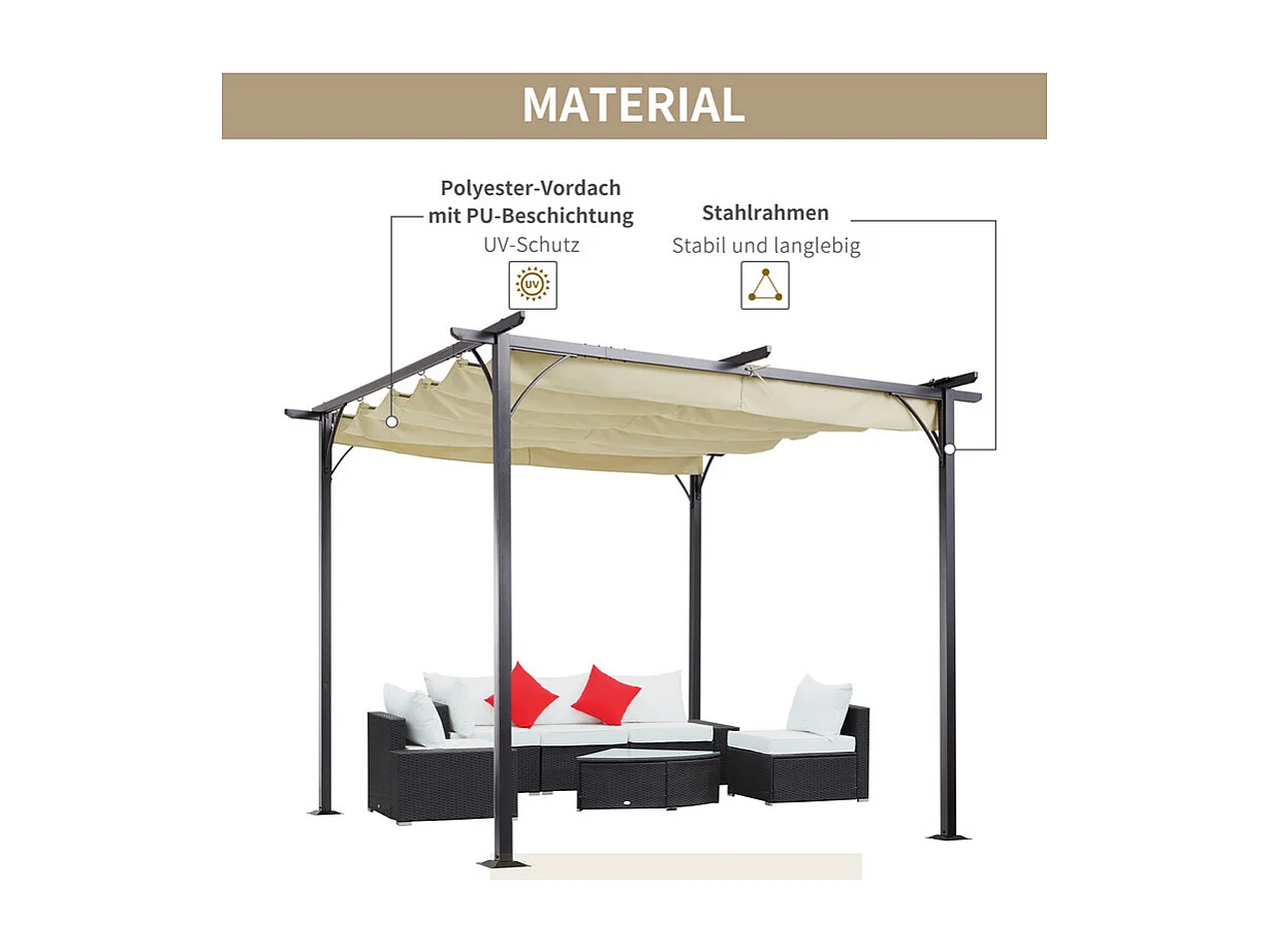 Pergola en Acier inoxydable 3 x 3 x 2.3 m, avec toit ouvrant, toile coulissante rétractable, Beige