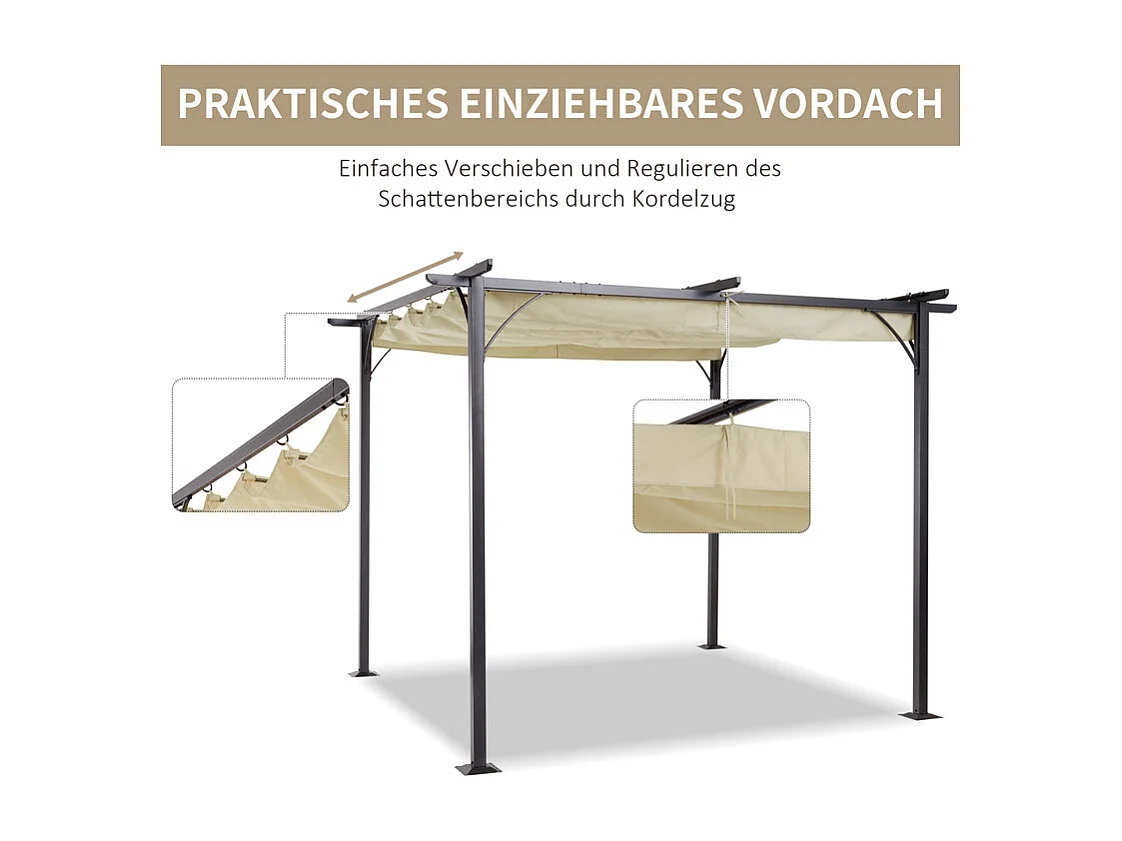 Pergola en Acier inoxydable 3 x 3 x 2.3 m, avec toit ouvrant, toile coulissante rétractable, Beige
