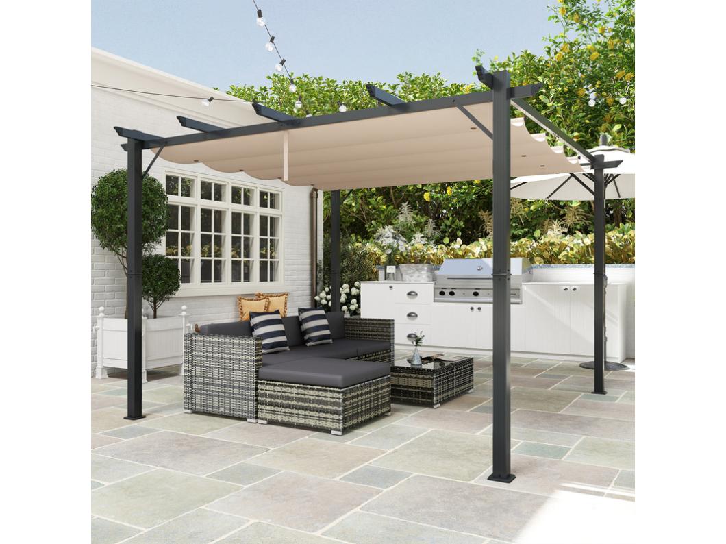 Pergola met uitschuifbaar dak - zelfdragend - aluminium frame grijs - Bruin zeil - 3 x 3 x 2,23 m