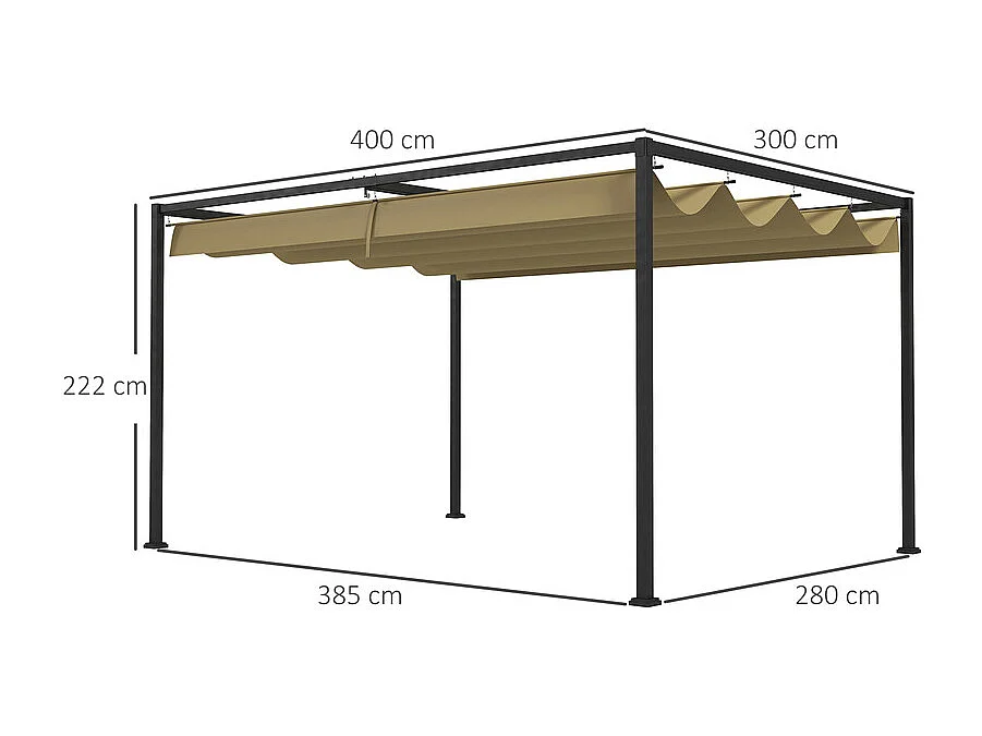 Pergola rétractable 400L x 300B x 222H cm, structure acier inoxydable, toile polyester kaki