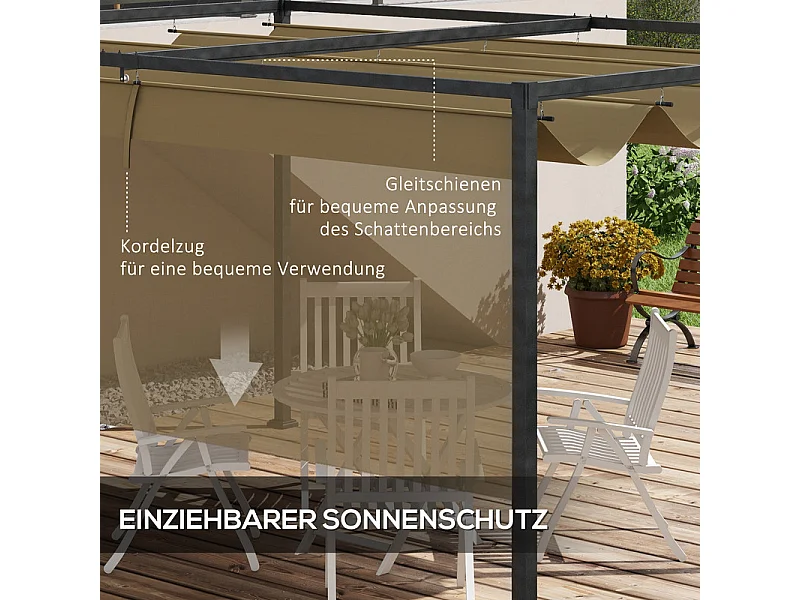 Pergola rétractable 400L x 300B x 222H cm, structure acier inoxydable, toile polyester kaki