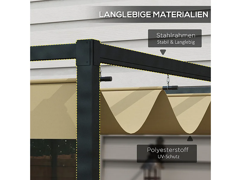 Pergola rétractable 400L x 300B x 222H cm, structure acier inoxydable, toile polyester kaki