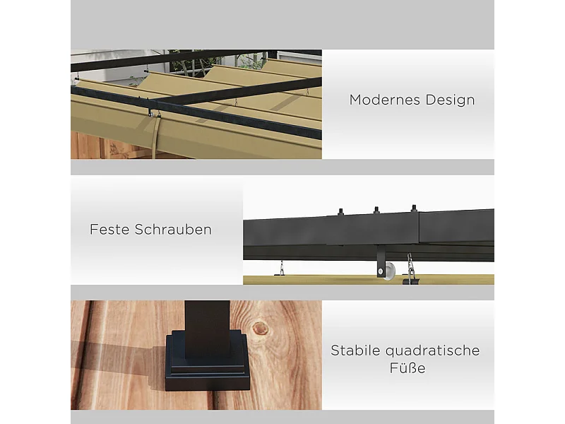 Pergola rétractable 400L x 300B x 222H cm, structure acier inoxydable, toile polyester kaki