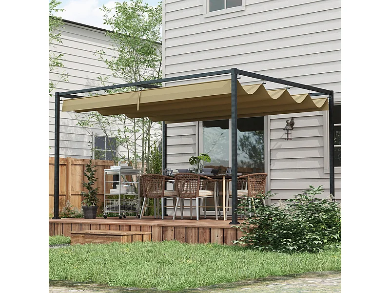 Pergola rétractable 400L x 300B x 222H cm, structure acier inoxydable, toile polyester kaki