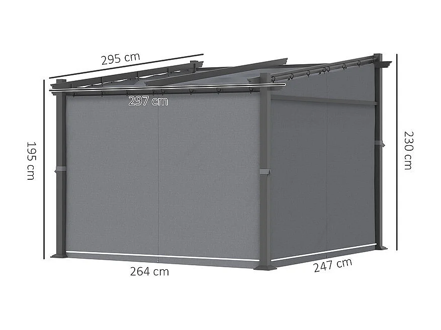 Pergola rétractable en métal 2.97L x 2.95B x 1,95-2.3H m, avec 4 rideaux, Gris