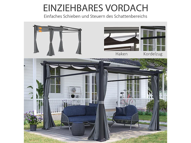 Pergola rétractable en métal 2.97L x 2.95B x 1,95-2.3H m, avec 4 rideaux, Gris