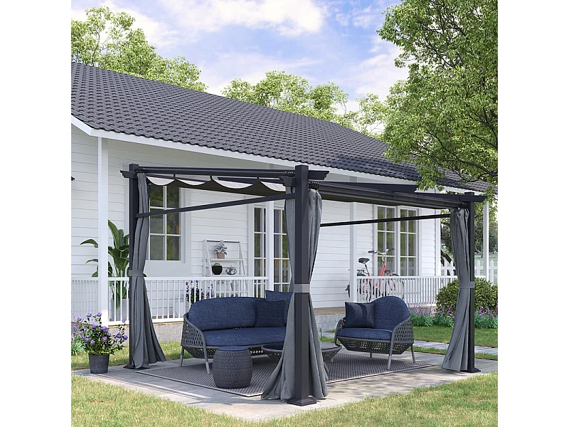 Pergola rétractable en métal 2.97L x 2.95B x 1,95-2.3H m, avec 4 rideaux, Gris