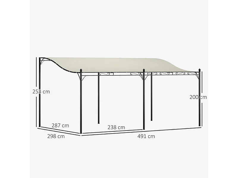 Tonnelle/Pergola mural en métal 3 x 5 x 2,5 m, avec toile polyester haute densité 180 g/m² et 32 trous de drainage