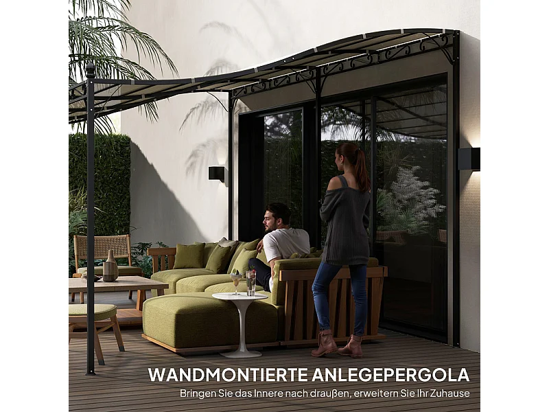 Tonnelle/Pergola mural en métal 3 x 5 x 2,5 m, avec toile polyester haute densité 180 g/m² et 32 trous de drainage