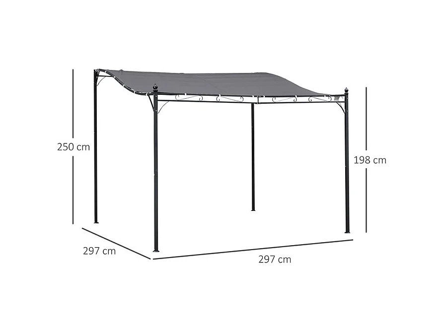 Pergola murale en métal 297 x 297 x 250 cm - avec 16 trous de drainage et toile polyester haute densité - Gris
