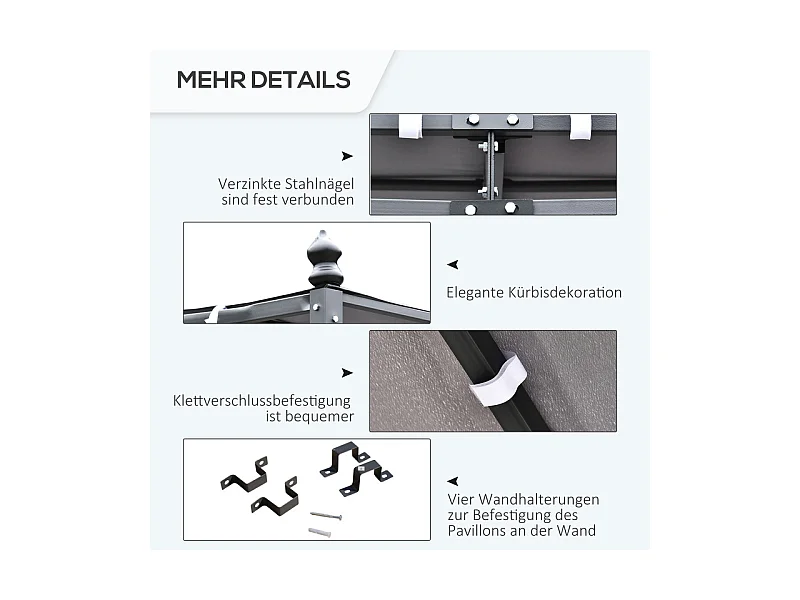 Pergola murale en métal 297 x 297 x 250 cm - avec 16 trous de drainage et toile polyester haute densité - Gris