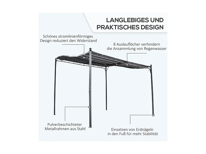 Pergola murale en métal 297 x 297 x 250 cm - avec 16 trous de drainage et toile polyester haute densité - Gris